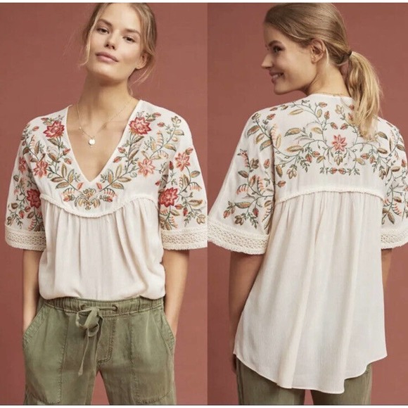 Anthropologie Tops - Anthropologie Ranna Gill Women’s Jumel Floral Embroidered Top High Low Ivory M